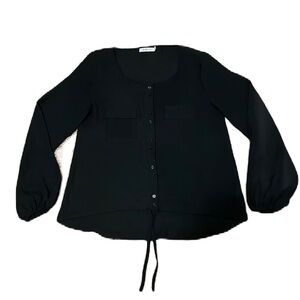 Women’s JUST FAB, Button Down, Bishop Sleeves, Tie in Front Top, Black, Medium